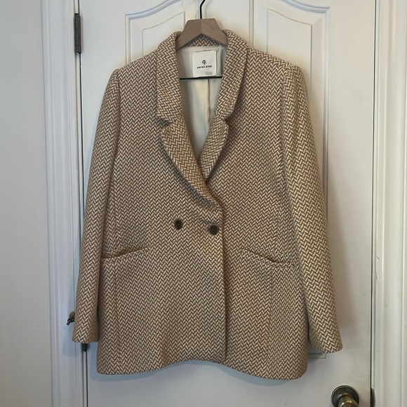Anine Bing | Fishbone Double Breasted Tan & Cream Blazer Jacket Wool Blend XL - Picture 5 of 11